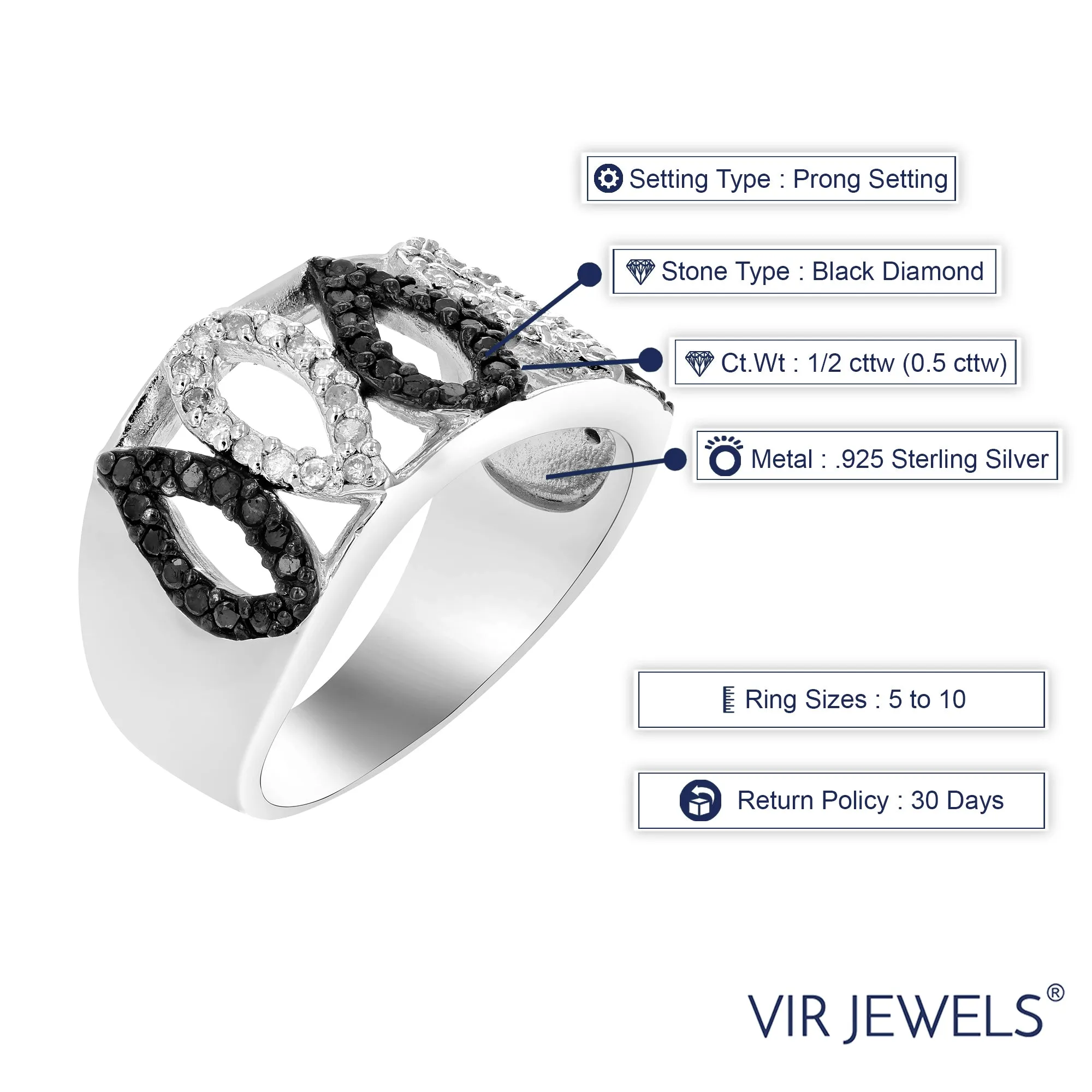 1/2 cttw Black and White Diamond Pear Statement Ring in Silver