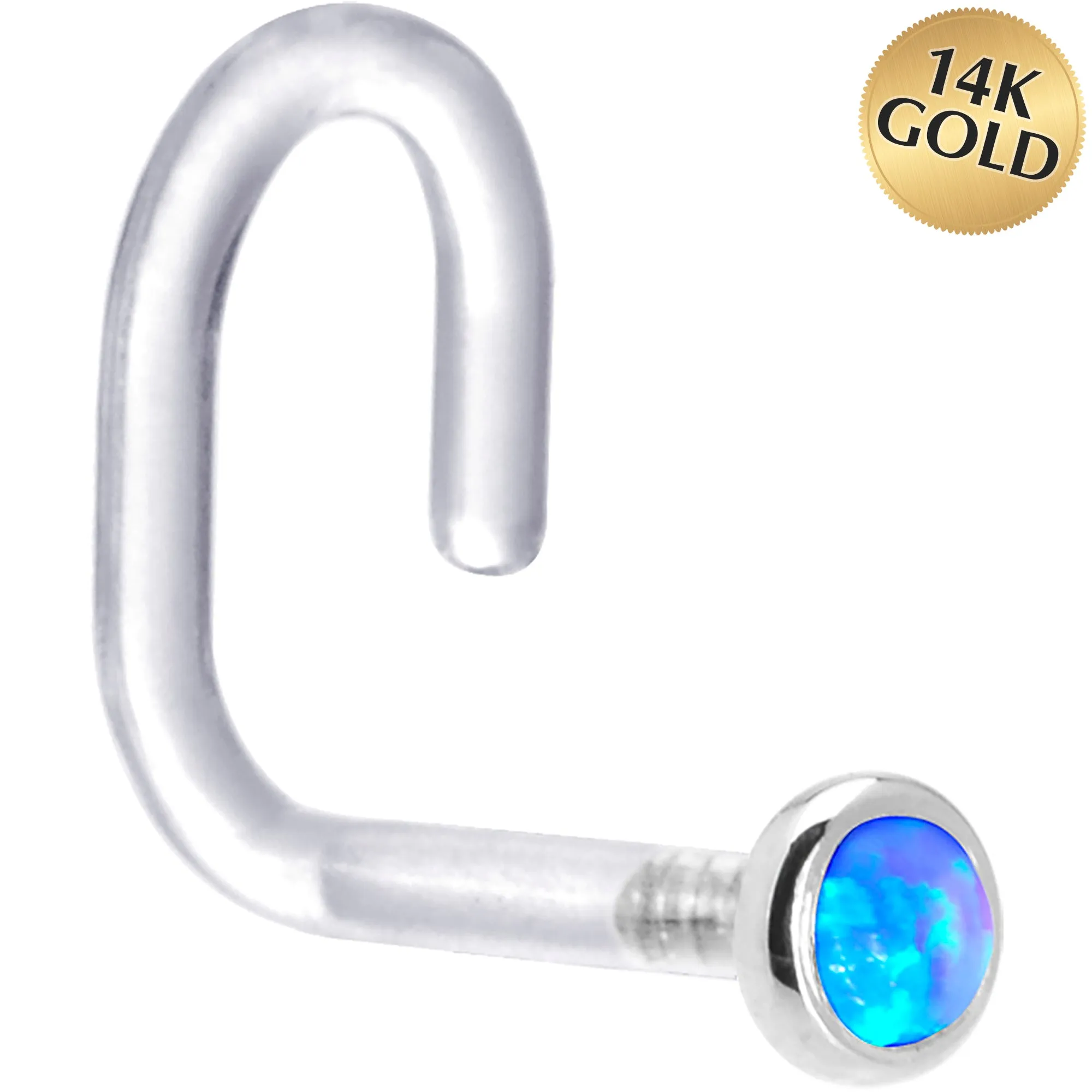18 Gauge 1/4 White Gold 2mm Blue Synthetic Opal Bioplast Nose Ring