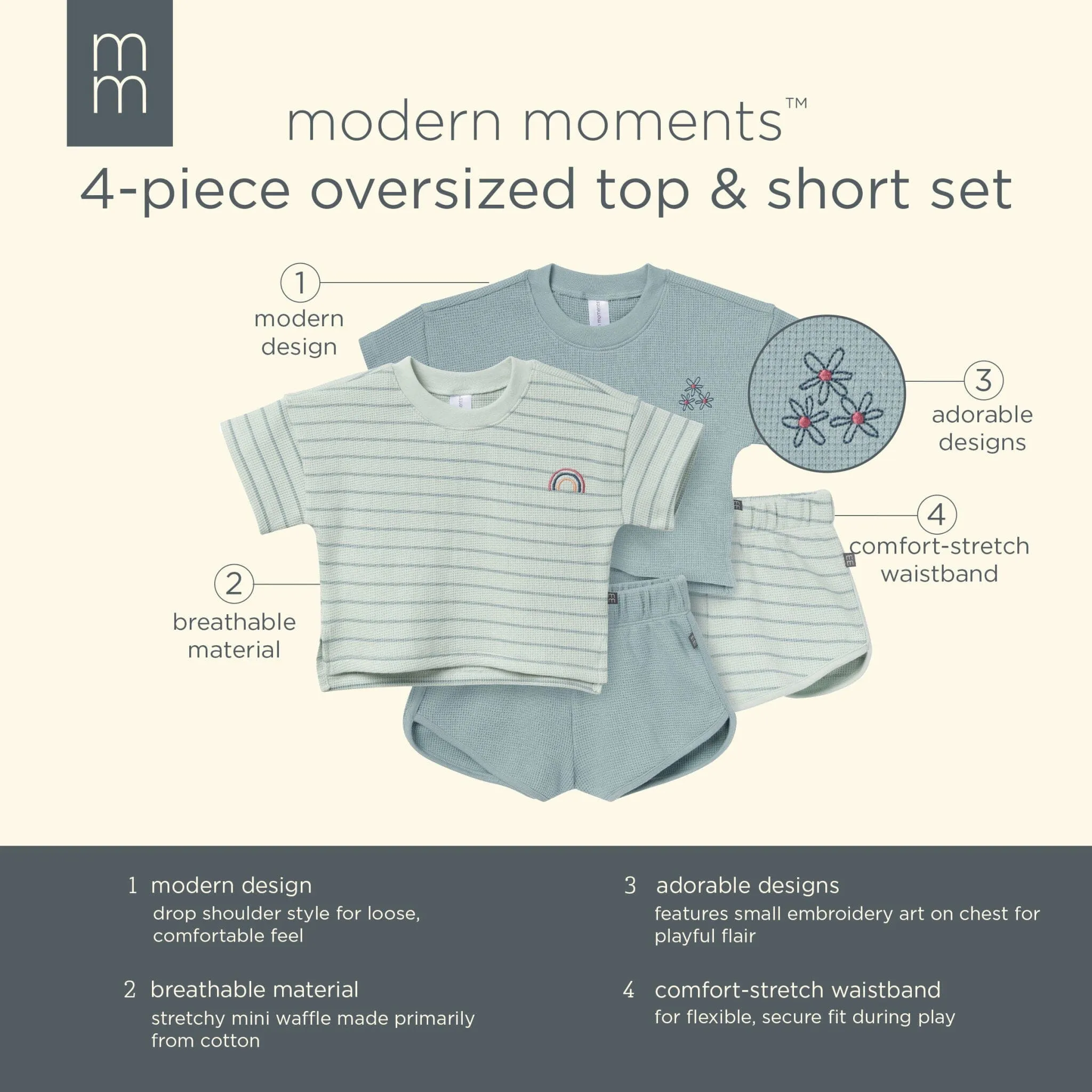 4-Piece Infant & Toddler Girls Light Sky Stripe Drop Shoulder Tops and Shorts Set