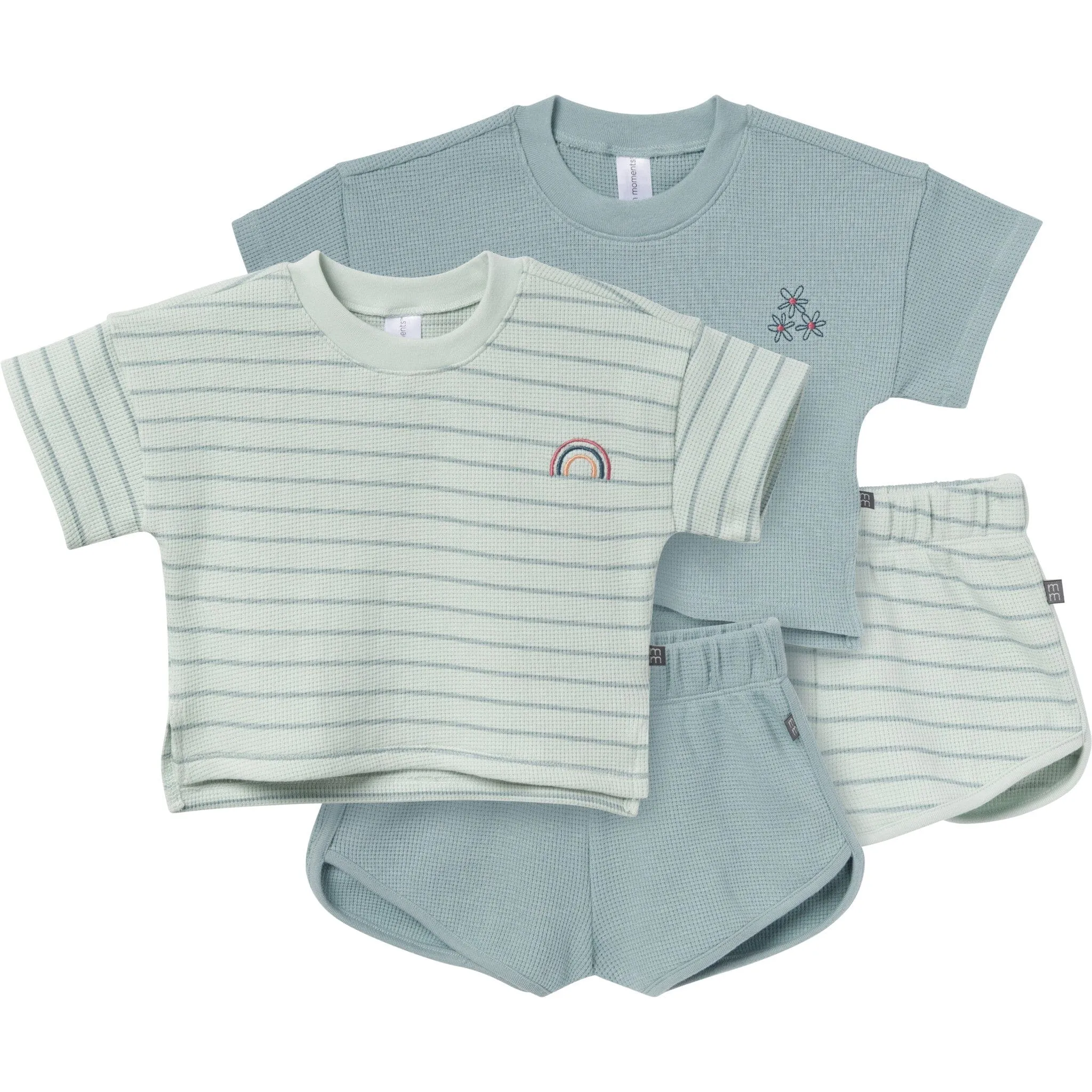 4-Piece Infant & Toddler Girls Light Sky Stripe Drop Shoulder Tops and Shorts Set