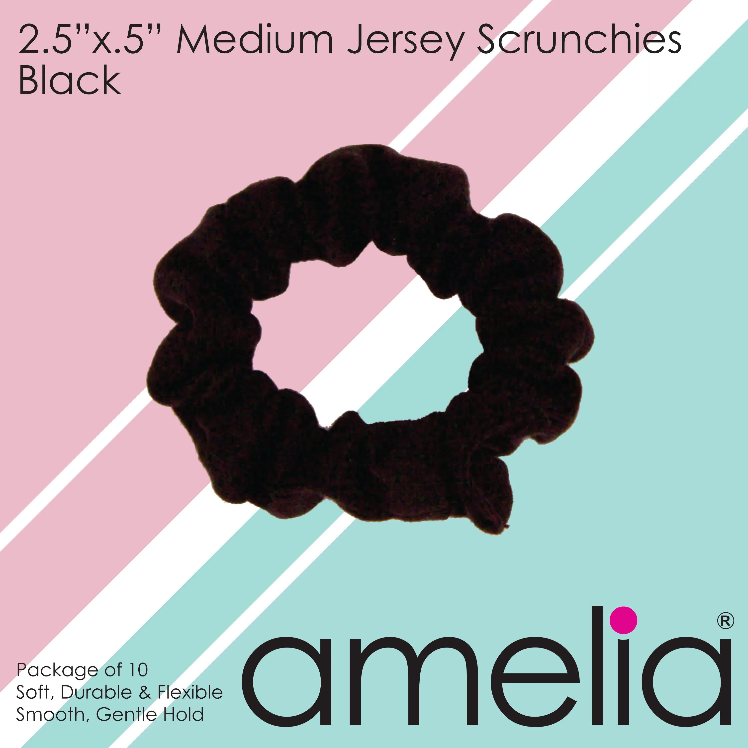 Amelia Beauty, Medium Black Jersey Scrunchies, 2.5in Diameter, Gentle on Hair, Strong Hold, No Snag, No Dents or Creases. 10 Pack