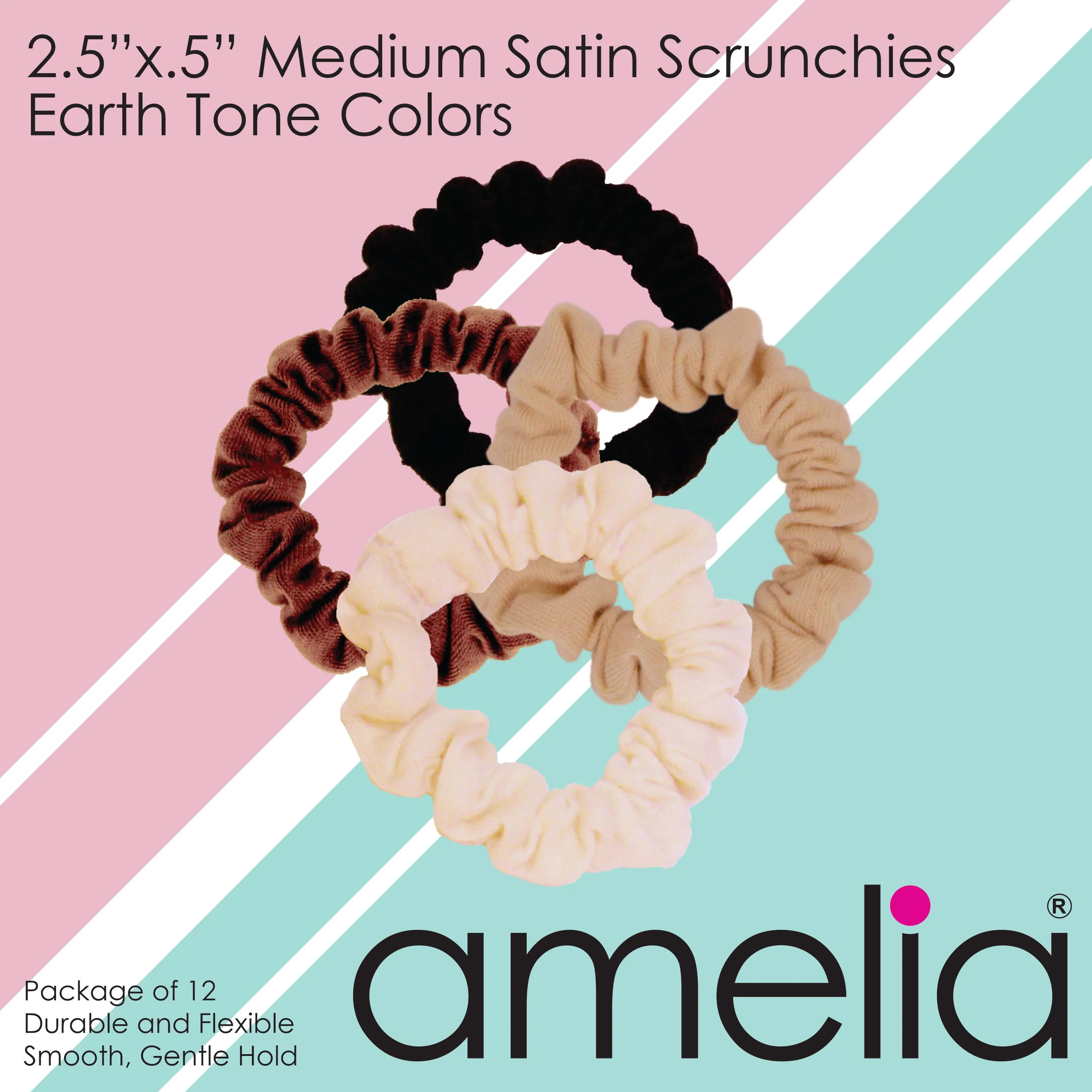 Amelia Beauty, Medium Earth Tones Jersey Scrunchies, 2.5in Diameter, Gentle on Hair, Strong Hold, No Snag, No Dents or Creases. 10 Pack