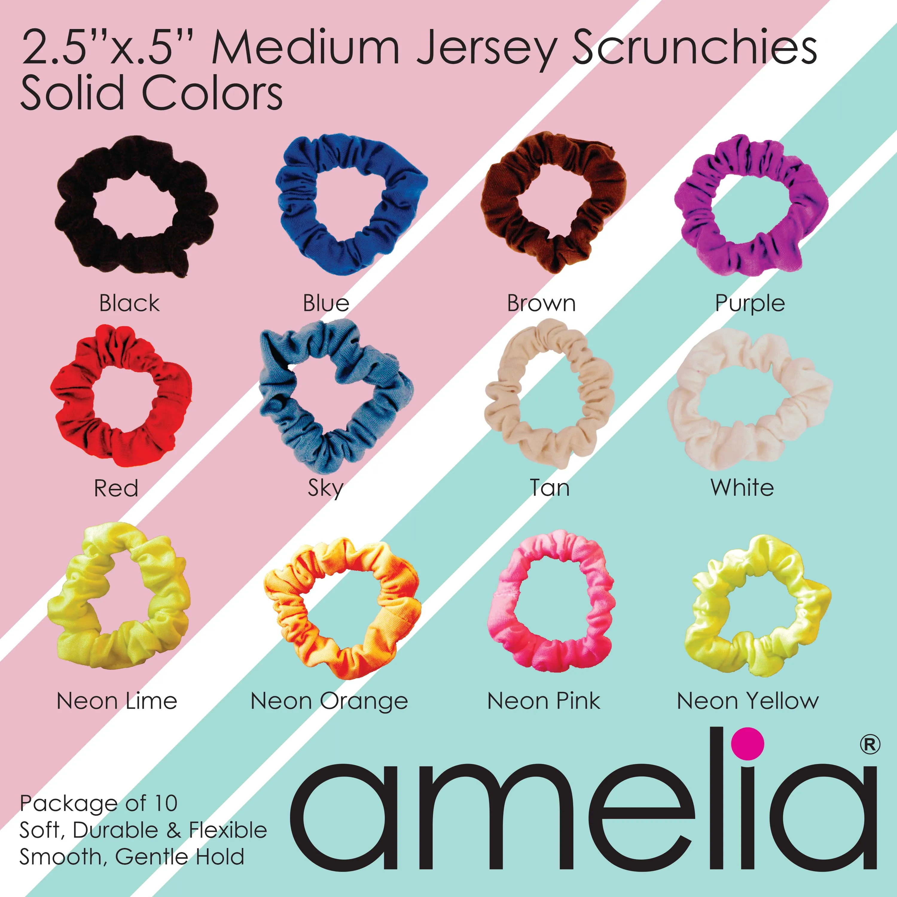 Amelia Beauty, Medium Fall Colors Jersey Scrunchies, 2.5in Diameter, Gentle on Hair, Strong Hold, No Snag, No Dents or Creases. 10 Pack