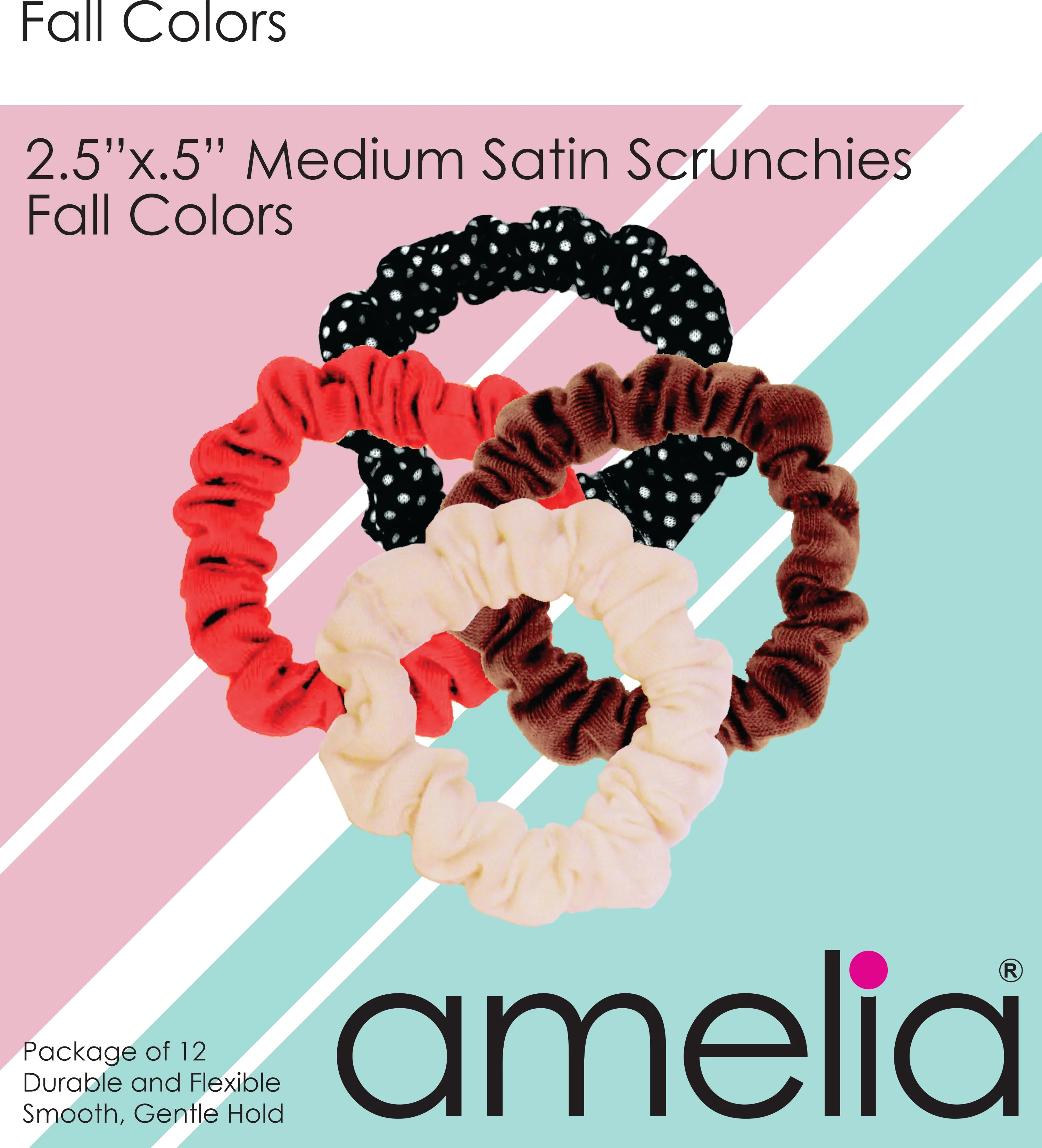 Amelia Beauty, Medium Fall Colors Jersey Scrunchies, 2.5in Diameter, Gentle on Hair, Strong Hold, No Snag, No Dents or Creases. 10 Pack