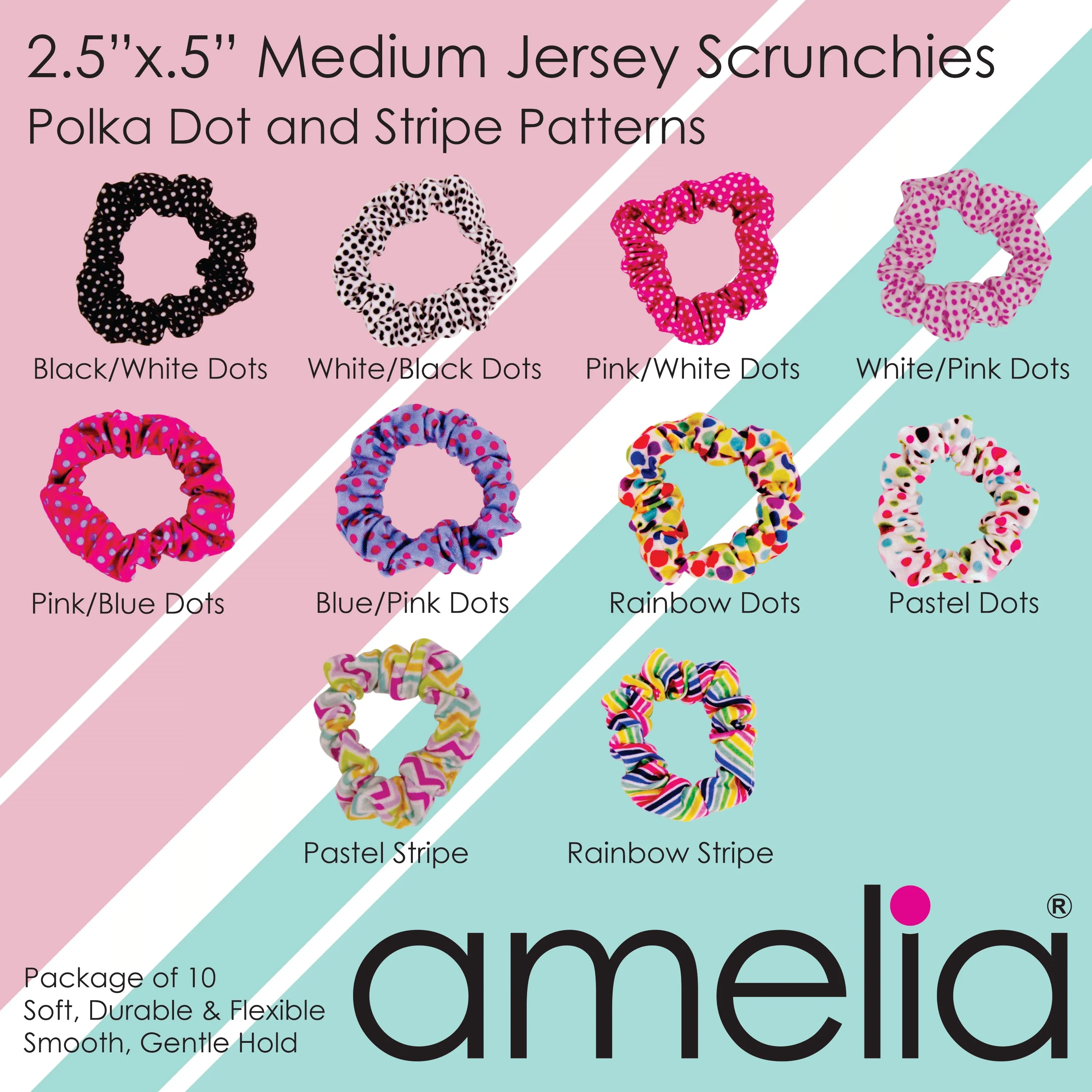 Amelia Beauty, Medium Fall Colors Jersey Scrunchies, 2.5in Diameter, Gentle on Hair, Strong Hold, No Snag, No Dents or Creases. 10 Pack