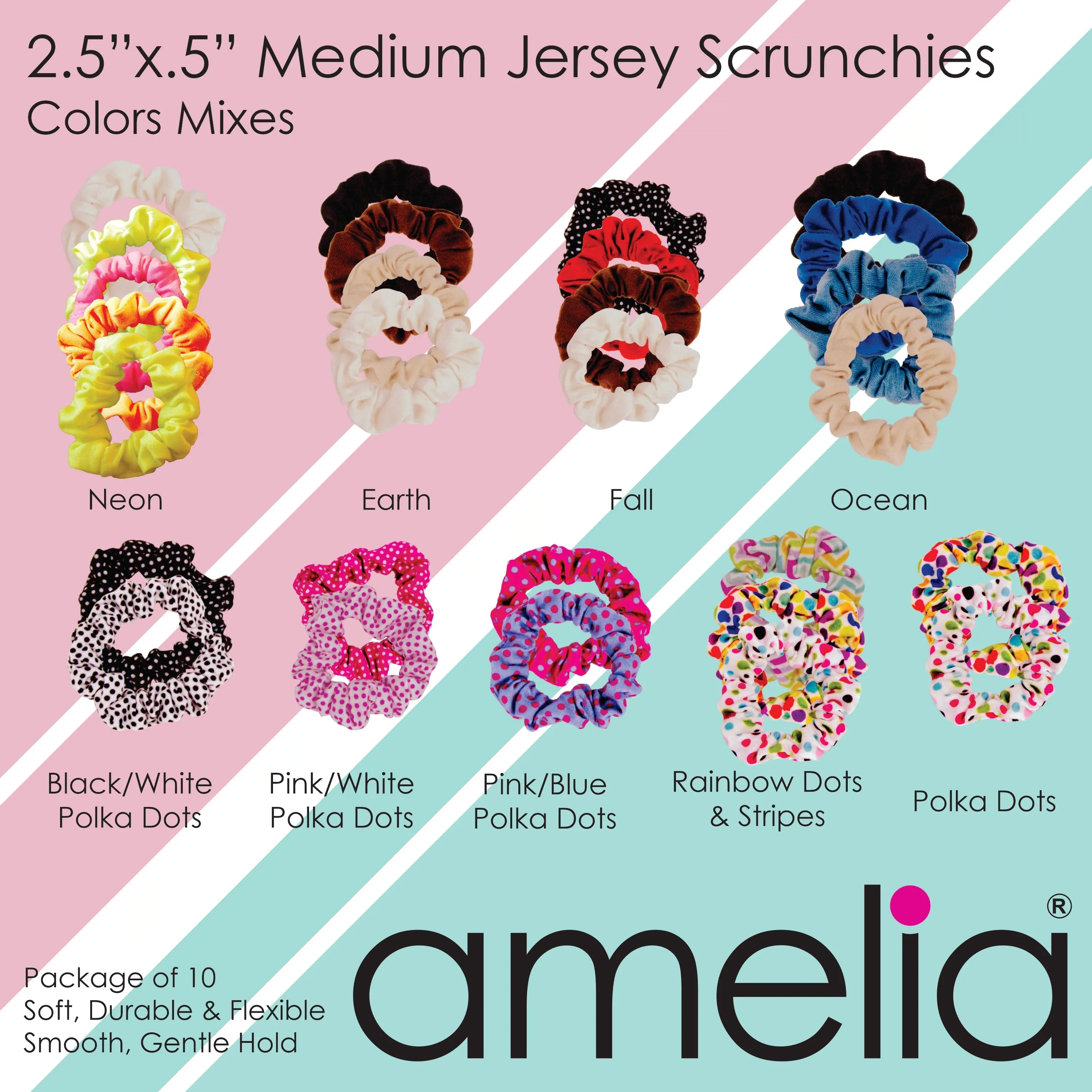 Amelia Beauty, Medium White Jersey Scrunchies, 2.5in Diameter, Gentle on Hair, Strong Hold, No Snag, No Dents or Creases. 10 Pack