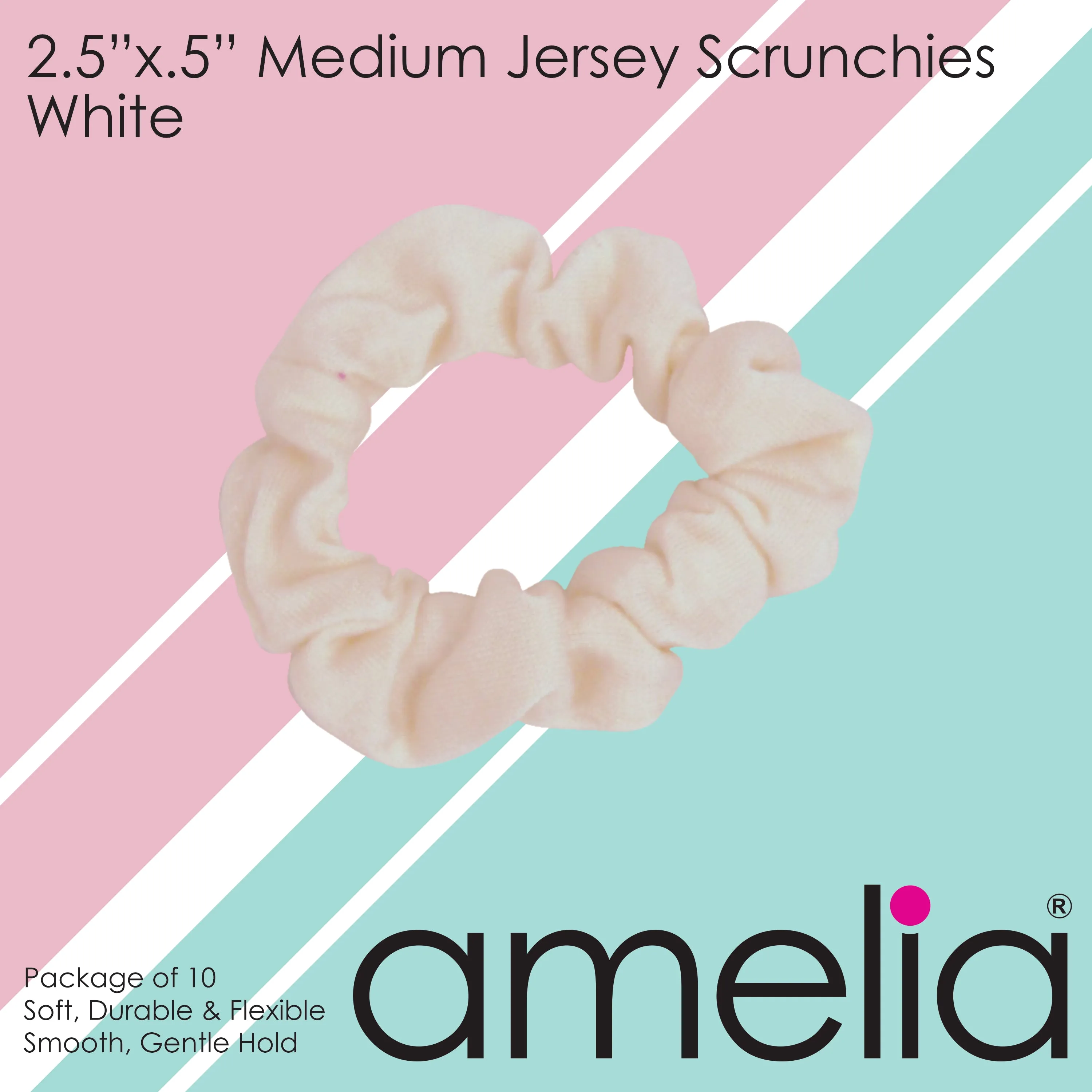 Amelia Beauty, Medium White Jersey Scrunchies, 2.5in Diameter, Gentle on Hair, Strong Hold, No Snag, No Dents or Creases. 10 Pack