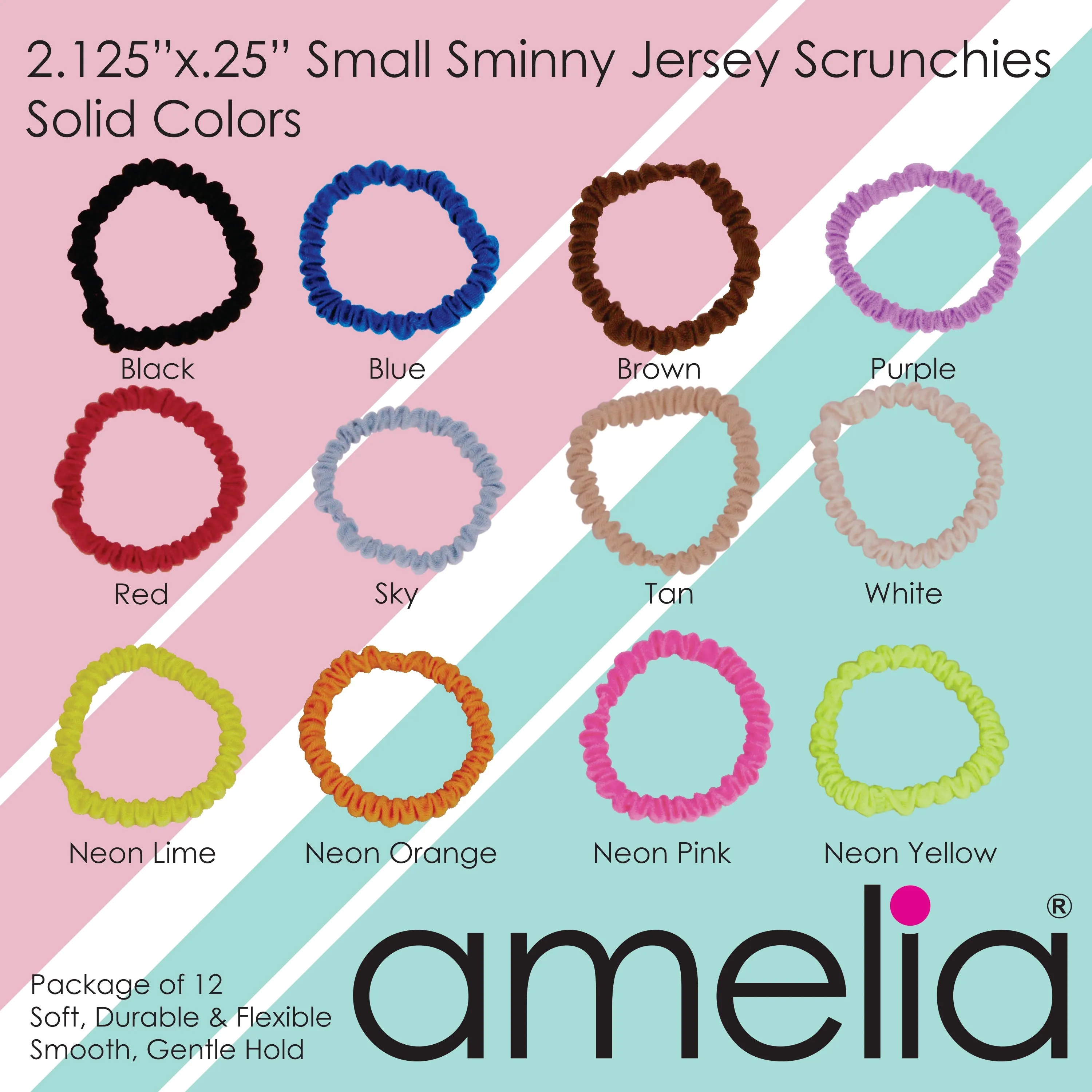 Amelia Beauty, White Skinny Jersey Scrunchies, 2.125in Diameter, Gentle on Hair, Strong Hold, No Snag, No Dents or Creases. 12 Pack