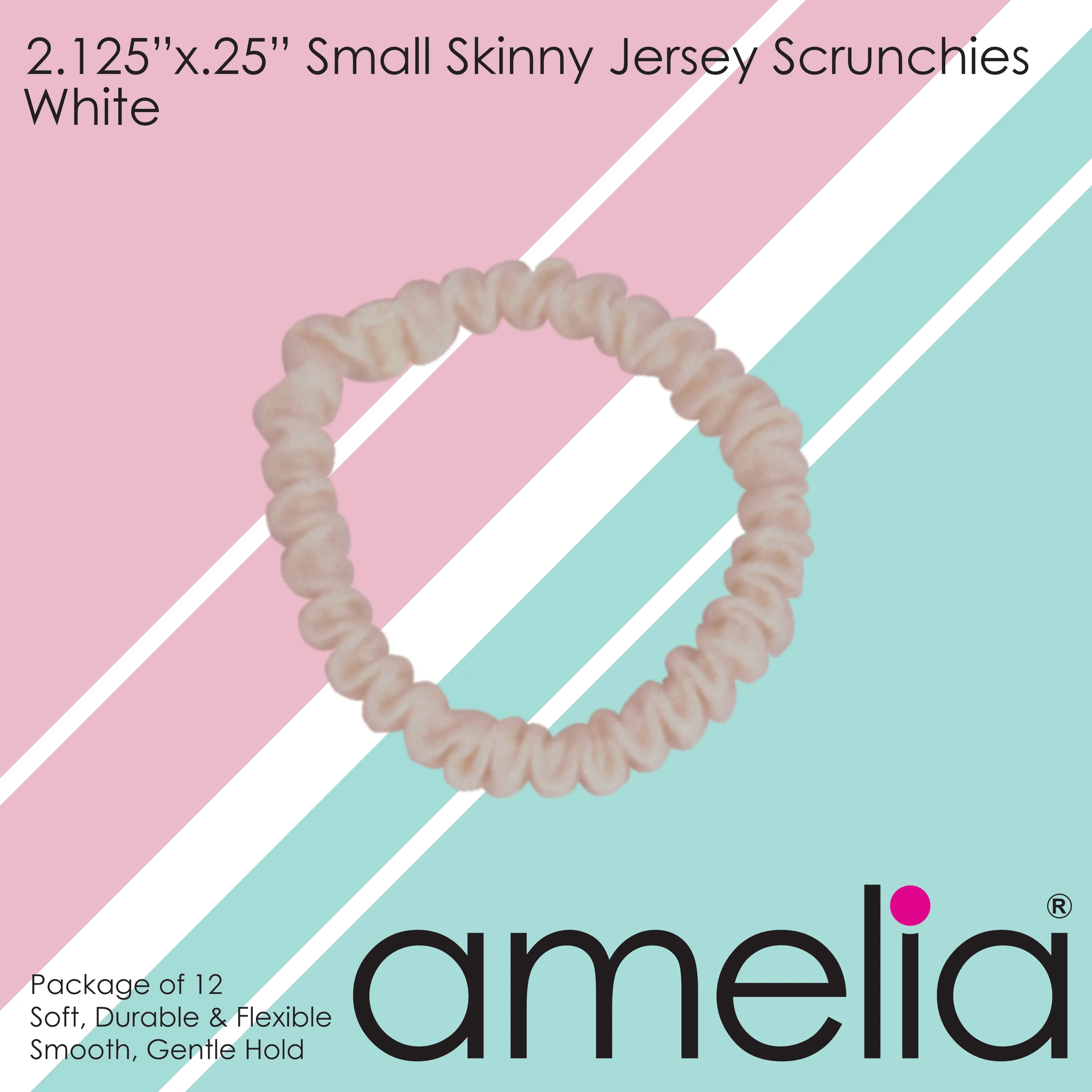 Amelia Beauty, White Skinny Jersey Scrunchies, 2.125in Diameter, Gentle on Hair, Strong Hold, No Snag, No Dents or Creases. 12 Pack
