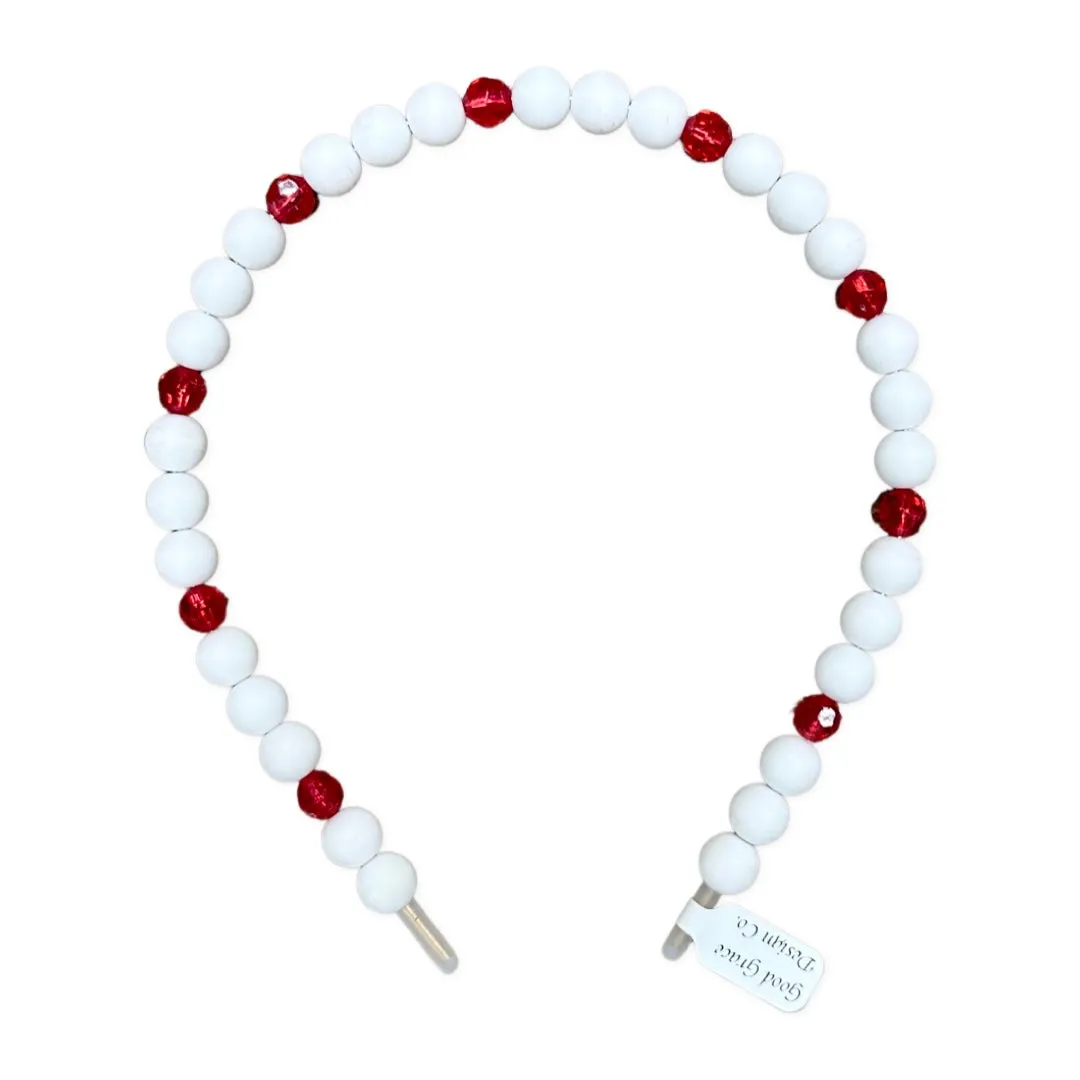 Beaded Holiday Headband - White with Red