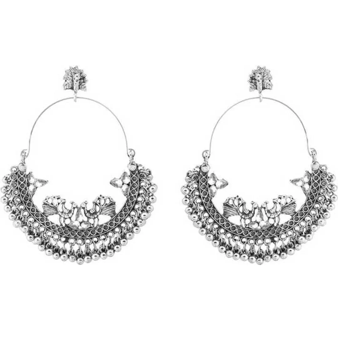 Beaded Silver Oxidised Hoop Chandbali Earrings
