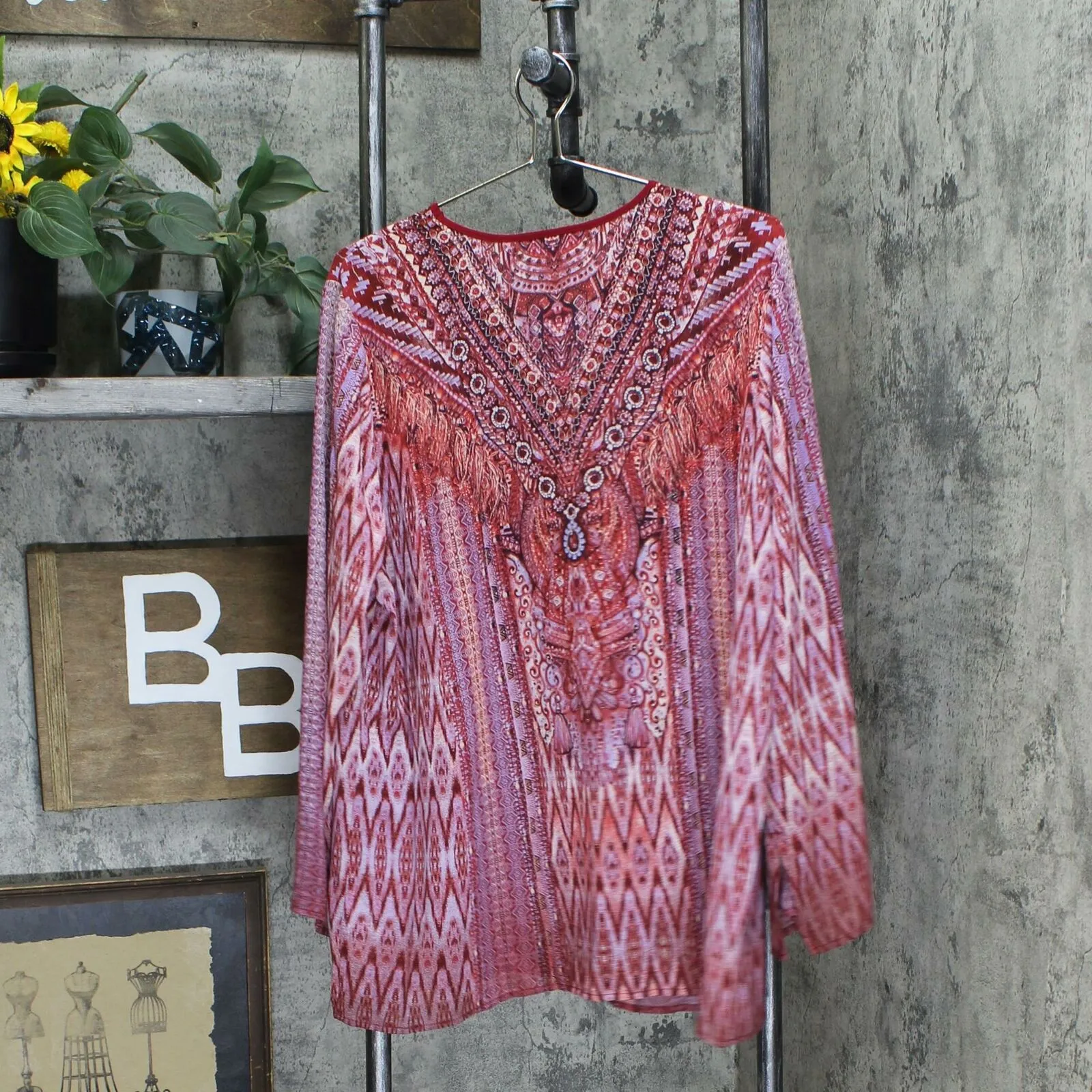 Belle by Kim Gravel Women's Printed Blouse With Beaded Tassels