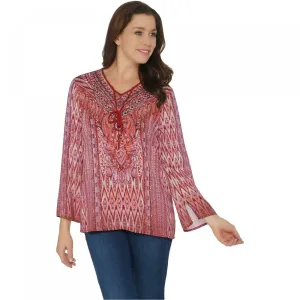 Belle by Kim Gravel Women's Printed Blouse With Beaded Tassels