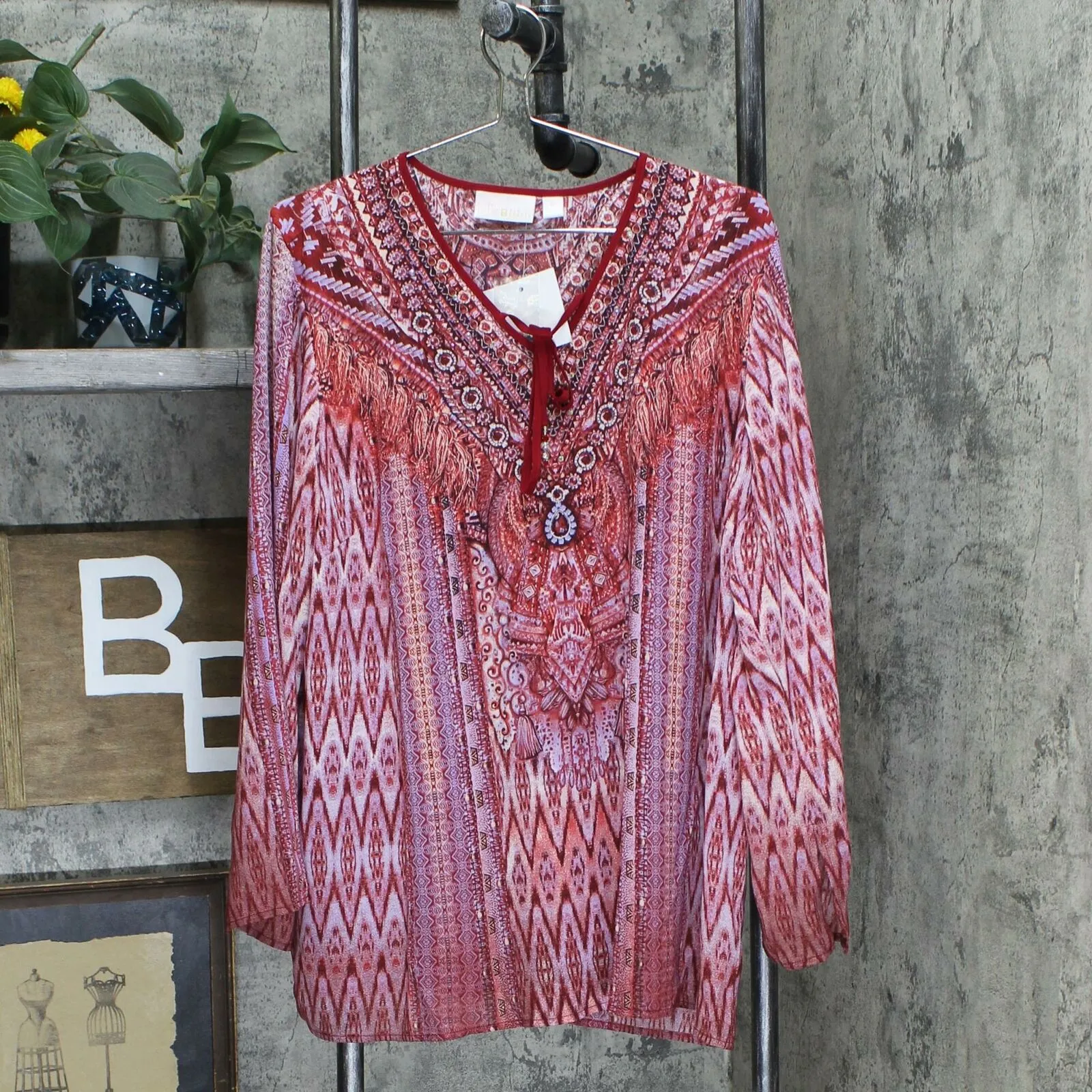 Belle by Kim Gravel Women's Printed Blouse With Beaded Tassels