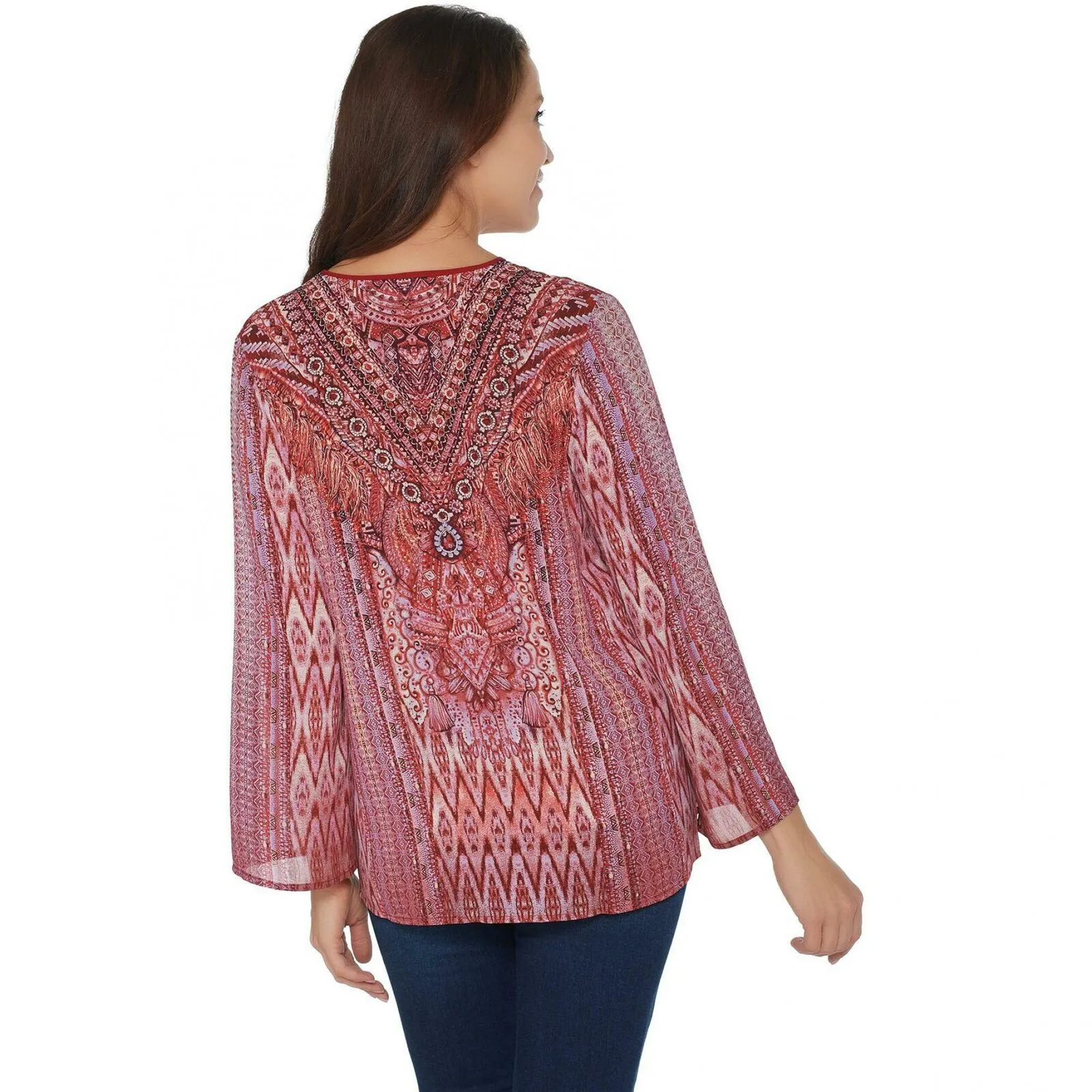 Belle by Kim Gravel Women's Printed Blouse With Beaded Tassels