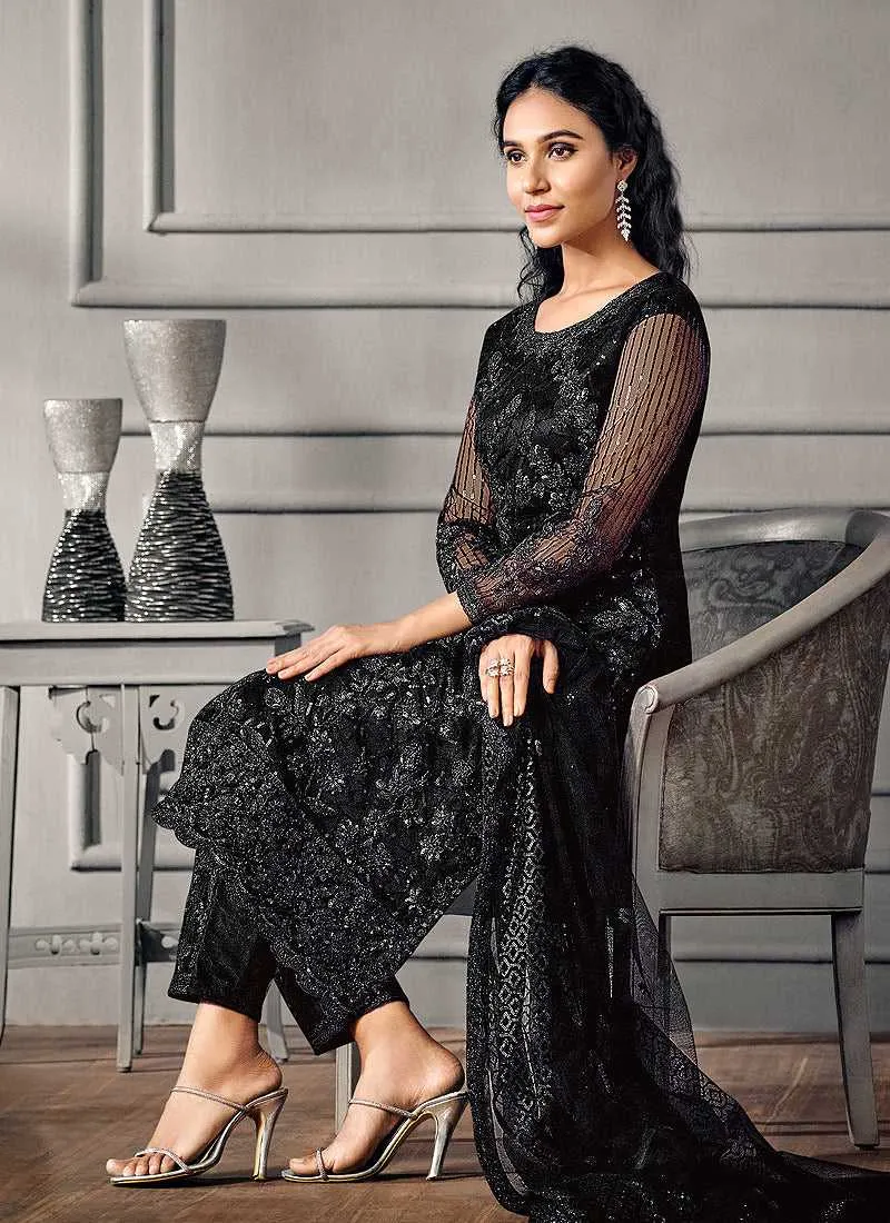 Black Heavy Embroidered Designer Stylish Pant Suit