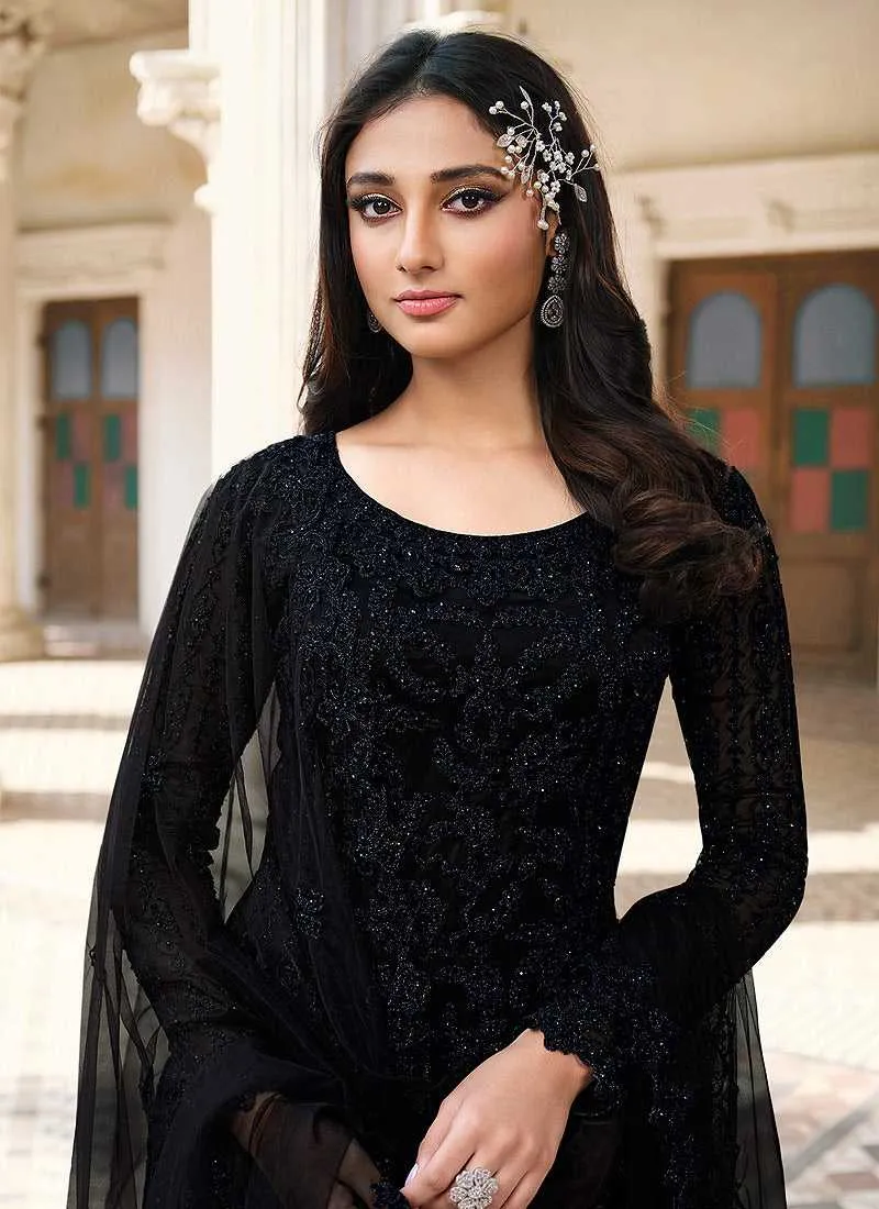 Black Heavy Embroidered Stylish Palazzo Suit