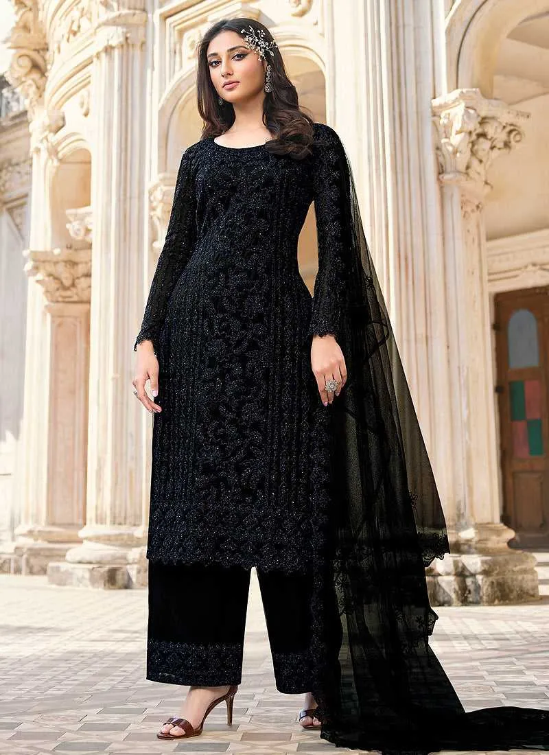 Black Heavy Embroidered Stylish Palazzo Suit