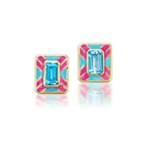 Blue Topaz Criss-Cross Enamel Rectangle Cocktail Stud Earrings