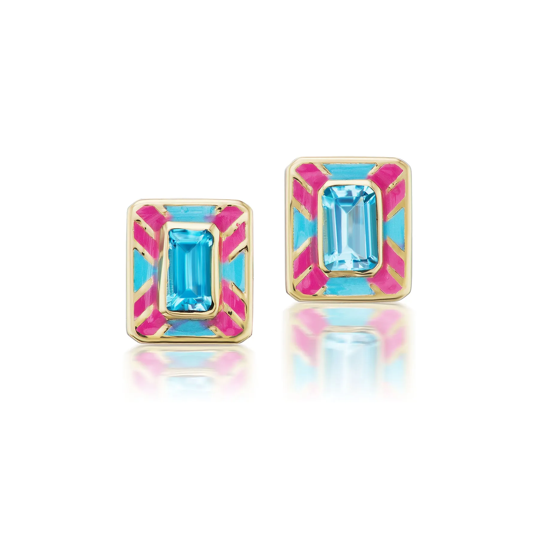 Blue Topaz Criss-Cross Enamel Rectangle Cocktail Stud Earrings