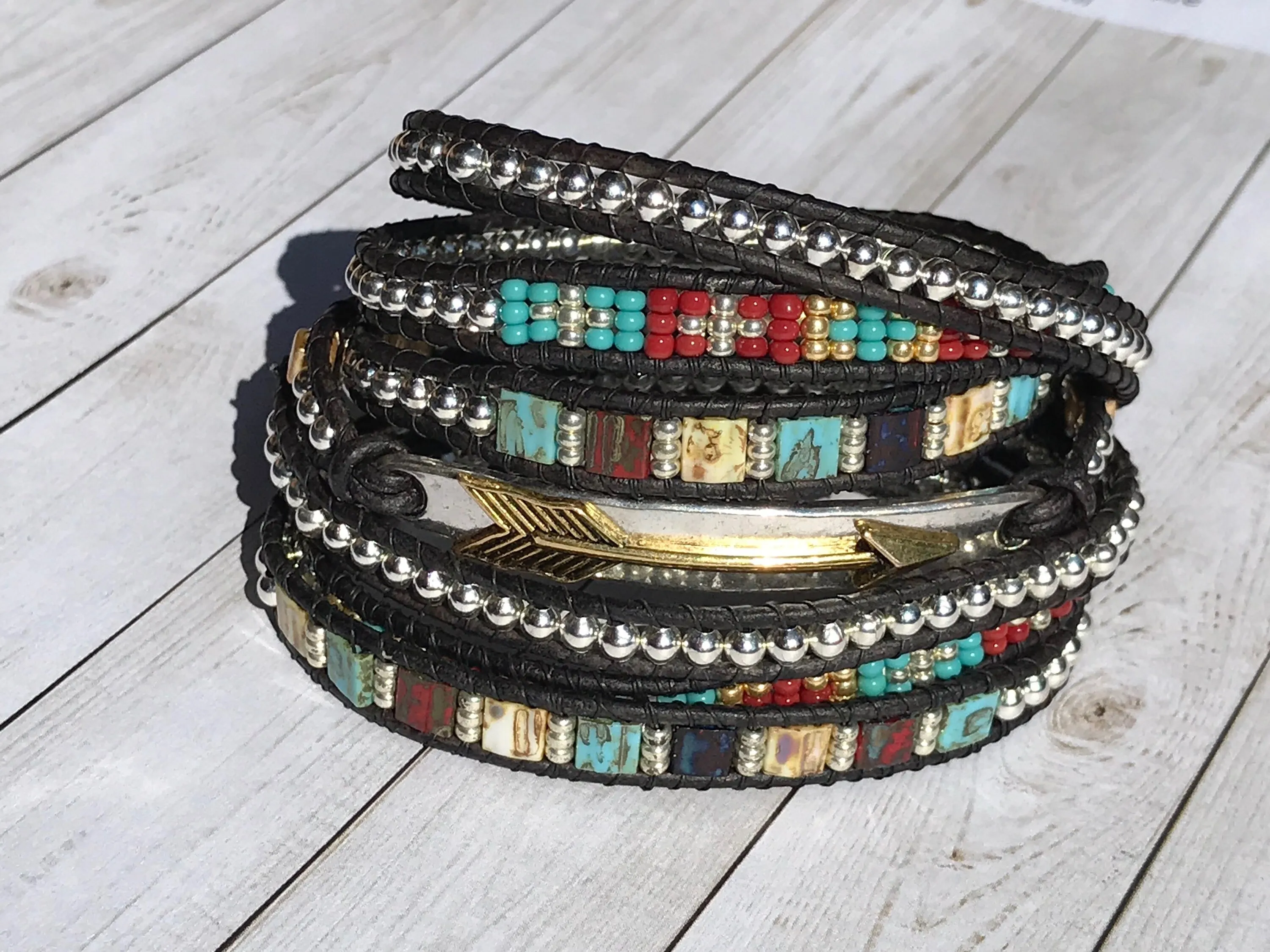 Boho Chic Leather Wrap Bracelet, Arrow Bracelet