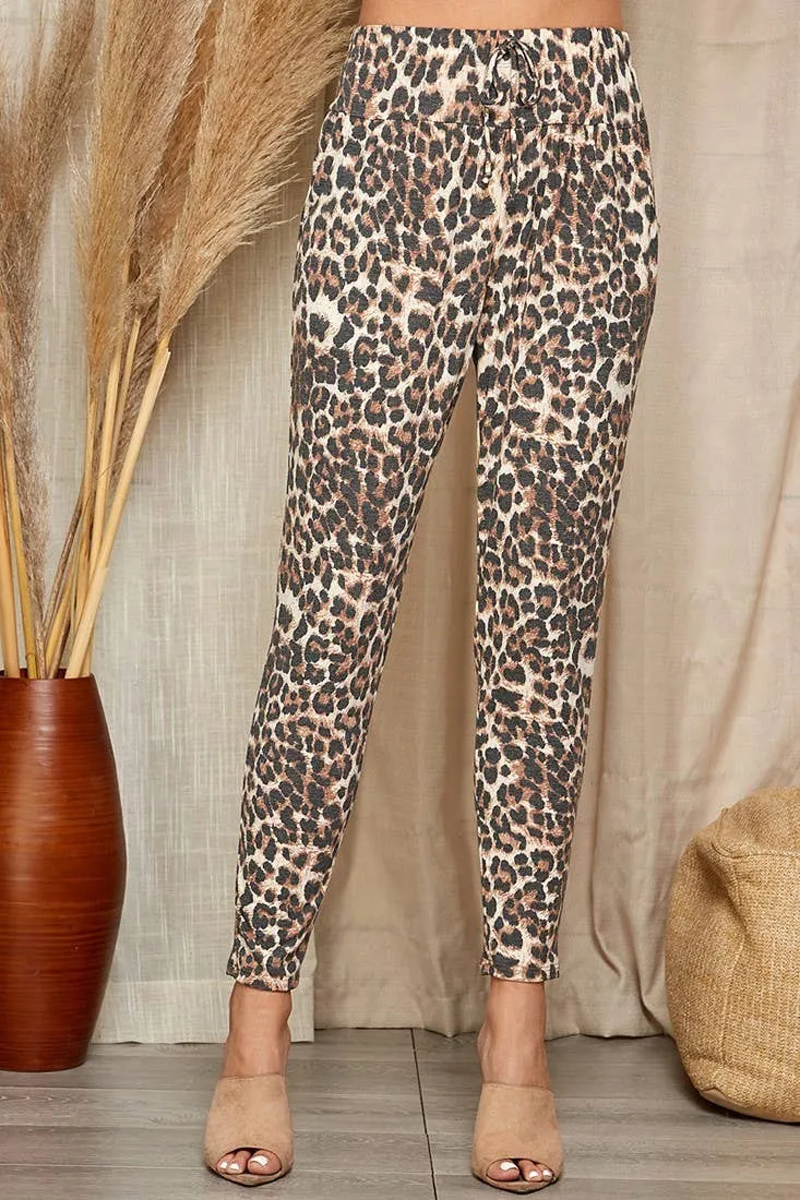 Brown Combo Leopard Drawstring Sweat Pants