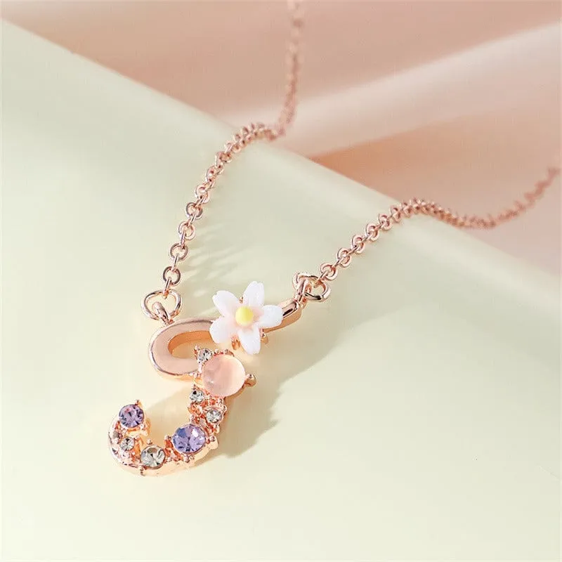 Chic Crystal Opal Inlaid Floral Alphabet Monogram Letter Necklace