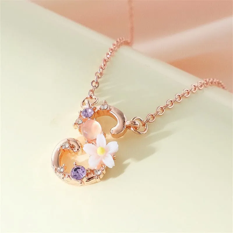 Chic Crystal Opal Inlaid Floral Alphabet Monogram Letter Necklace