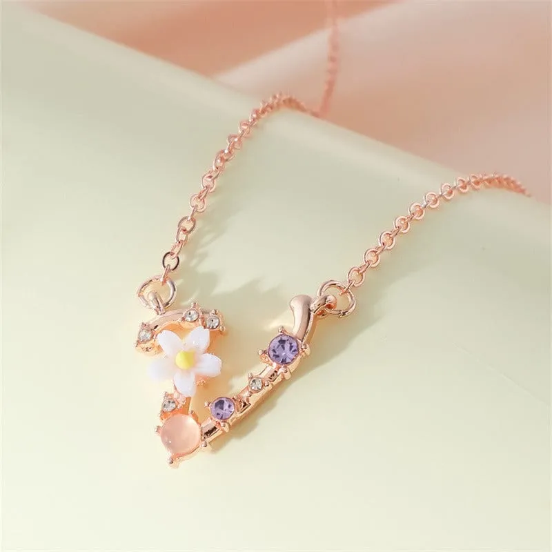 Chic Crystal Opal Inlaid Floral Alphabet Monogram Letter Necklace