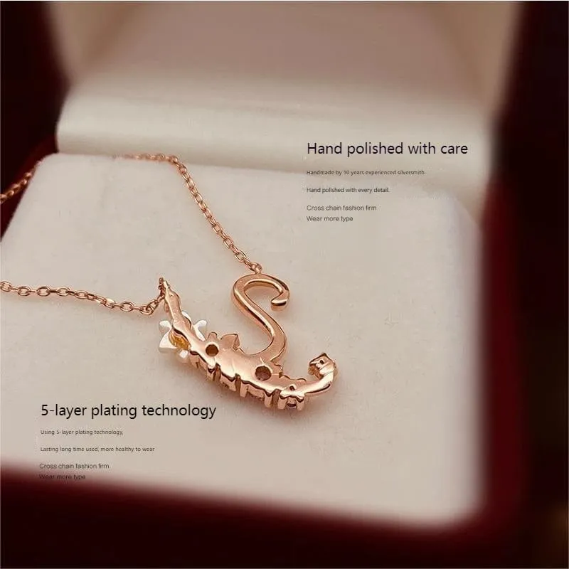 Chic Crystal Opal Inlaid Floral Alphabet Monogram Letter Necklace