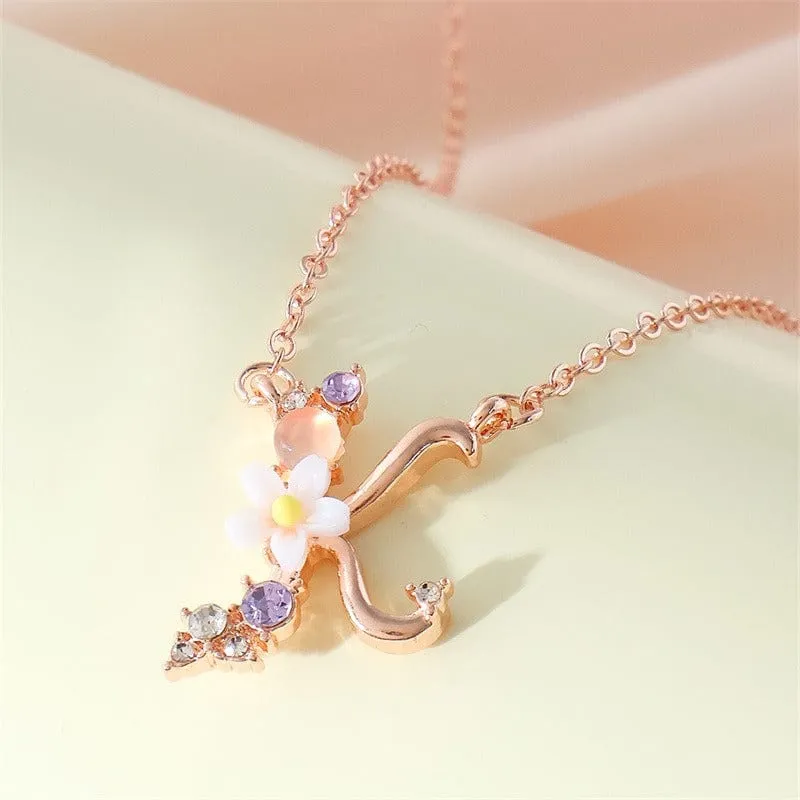 Chic Crystal Opal Inlaid Floral Alphabet Monogram Letter Necklace