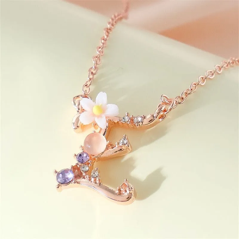 Chic Crystal Opal Inlaid Floral Alphabet Monogram Letter Necklace