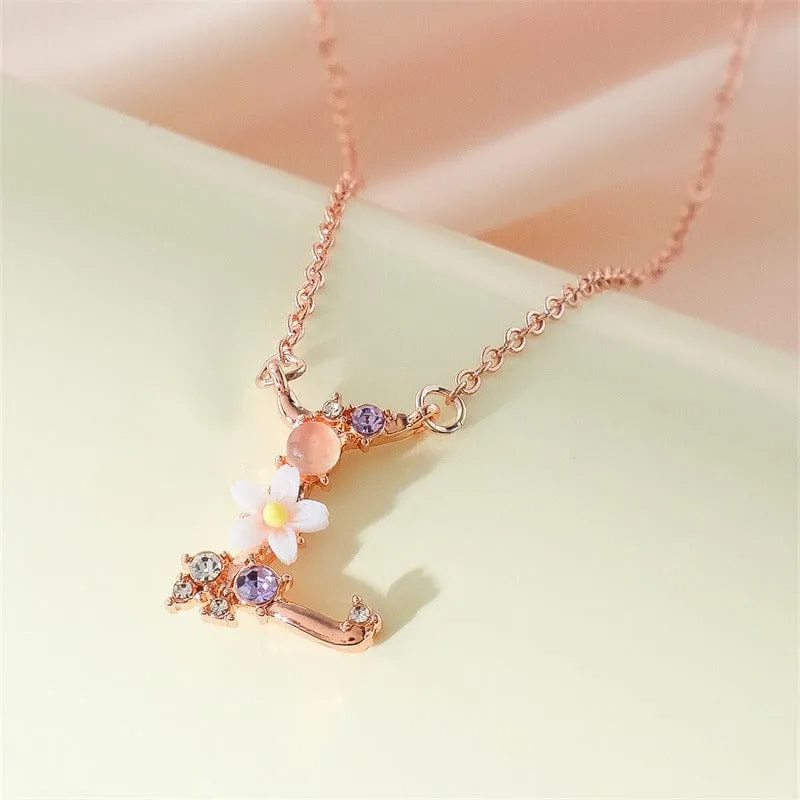 Chic Crystal Opal Inlaid Floral Alphabet Monogram Letter Necklace