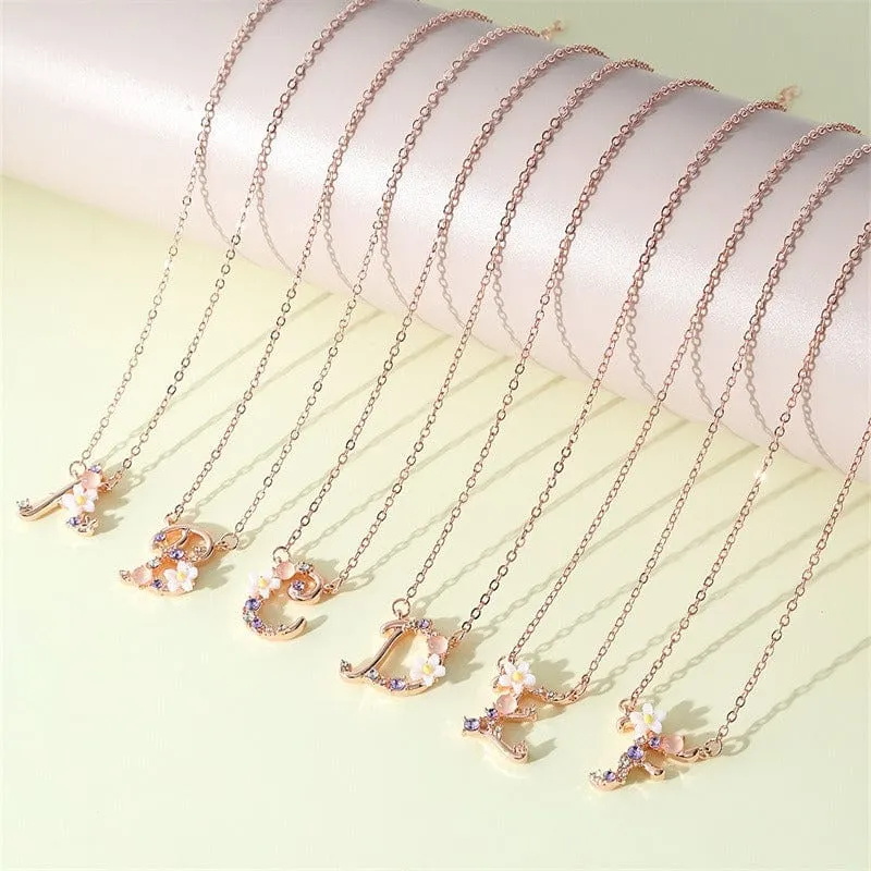 Chic Crystal Opal Inlaid Floral Alphabet Monogram Letter Necklace