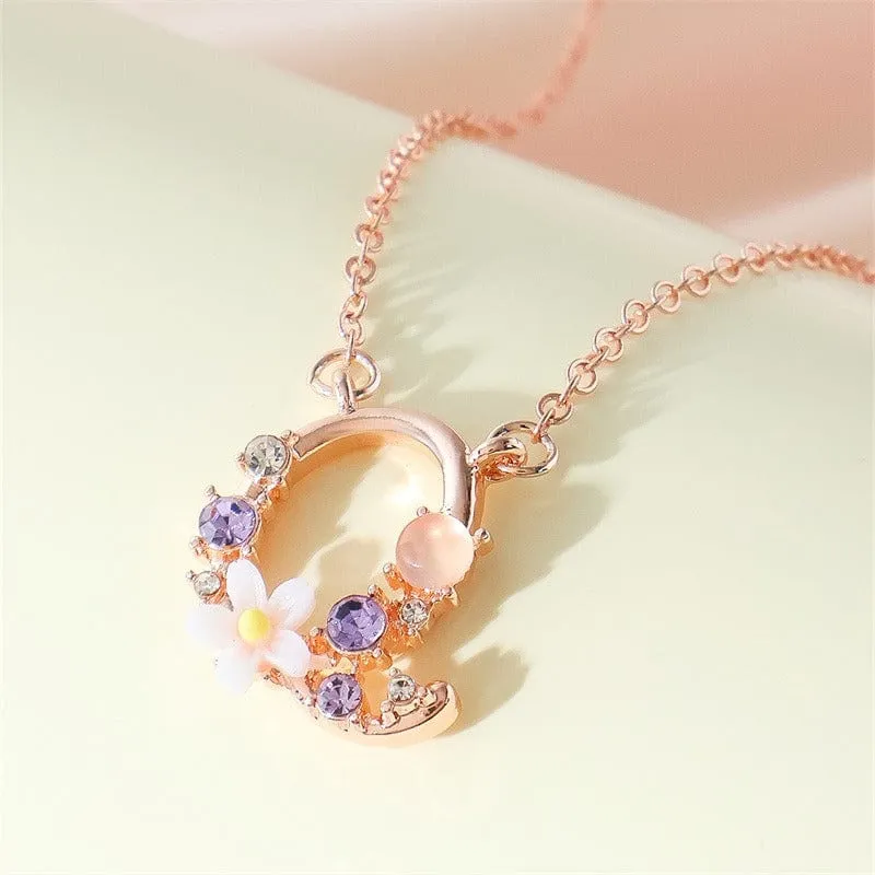 Chic Crystal Opal Inlaid Floral Alphabet Monogram Letter Necklace