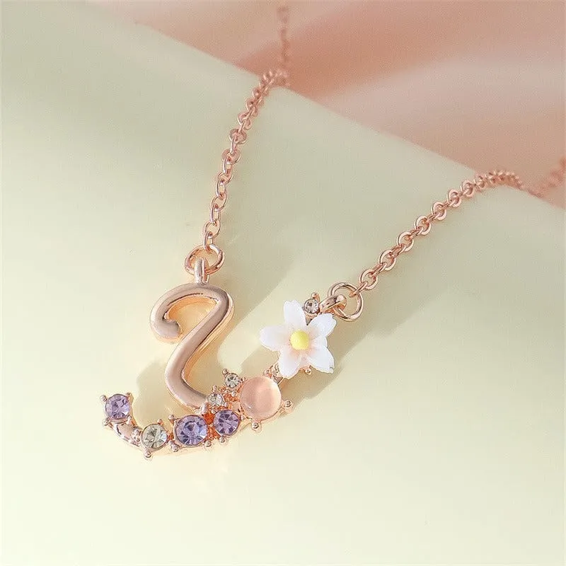 Chic Crystal Opal Inlaid Floral Alphabet Monogram Letter Necklace