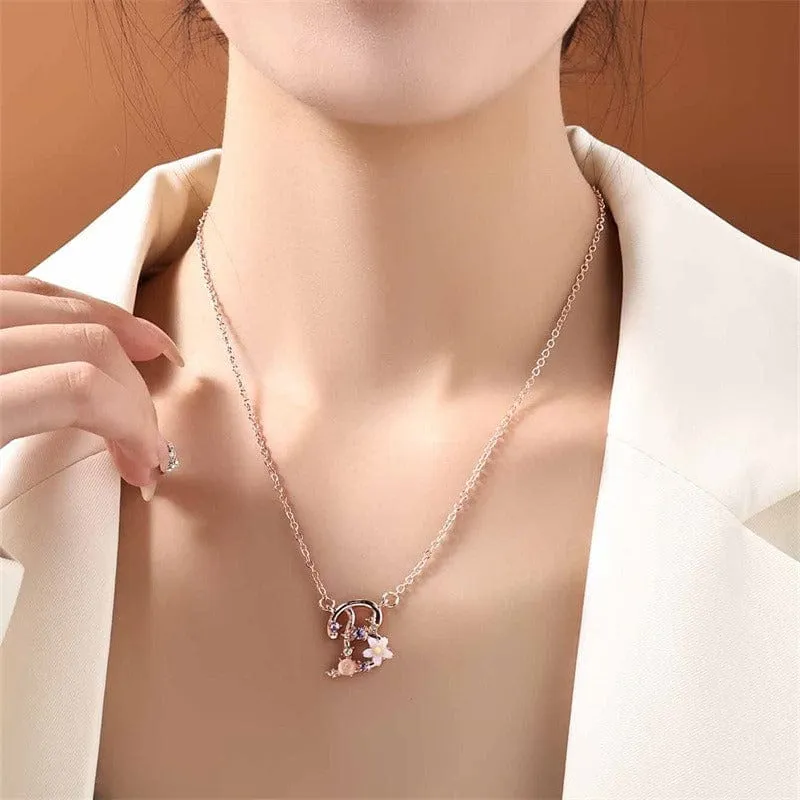 Chic Crystal Opal Inlaid Floral Alphabet Monogram Letter Necklace