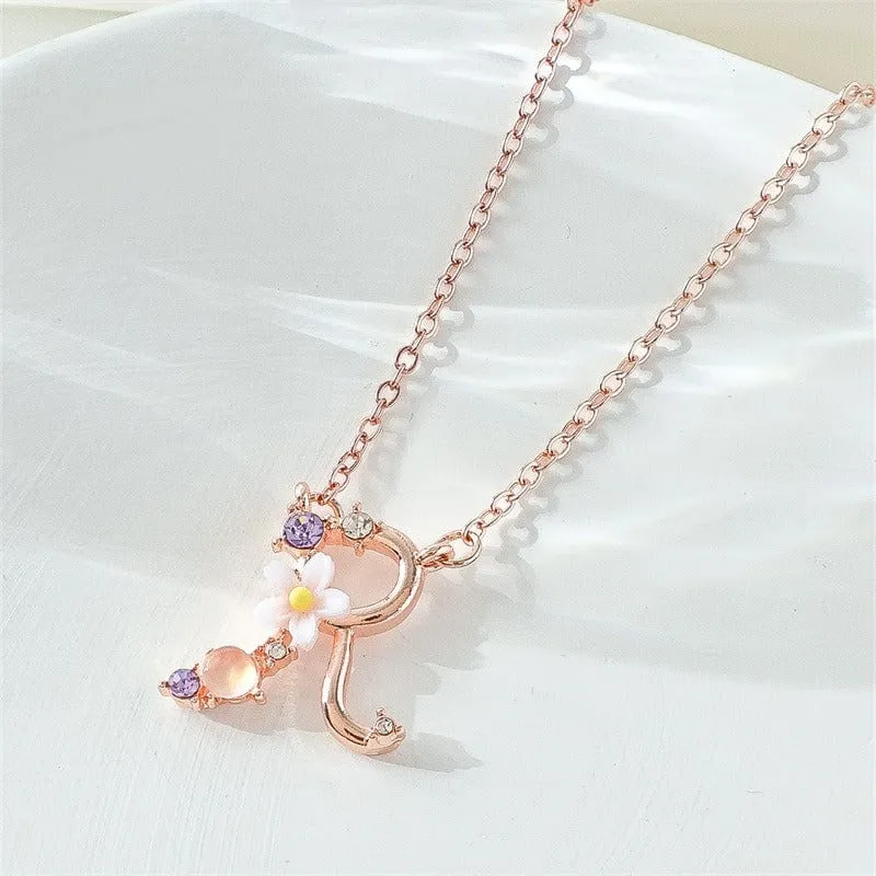 Chic Crystal Opal Inlaid Floral Alphabet Monogram Letter Necklace