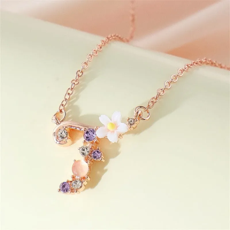Chic Crystal Opal Inlaid Floral Alphabet Monogram Letter Necklace