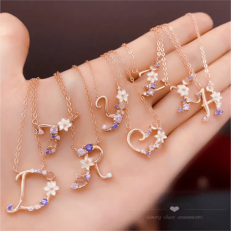 Chic Crystal Opal Inlaid Floral Alphabet Monogram Letter Necklace