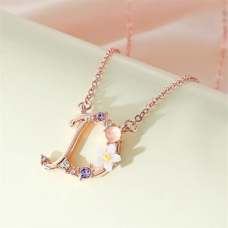 Chic Crystal Opal Inlaid Floral Alphabet Monogram Letter Necklace