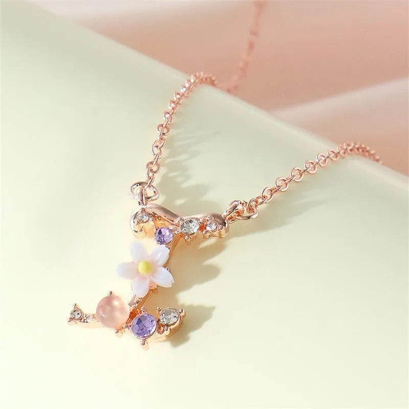 Chic Crystal Opal Inlaid Floral Alphabet Monogram Letter Necklace