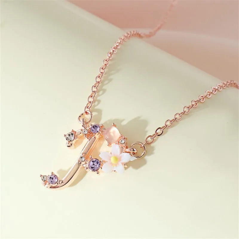 Chic Crystal Opal Inlaid Floral Alphabet Monogram Letter Necklace