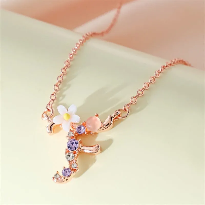 Chic Crystal Opal Inlaid Floral Alphabet Monogram Letter Necklace