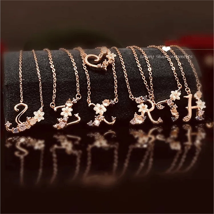 Chic Crystal Opal Inlaid Floral Alphabet Monogram Letter Necklace