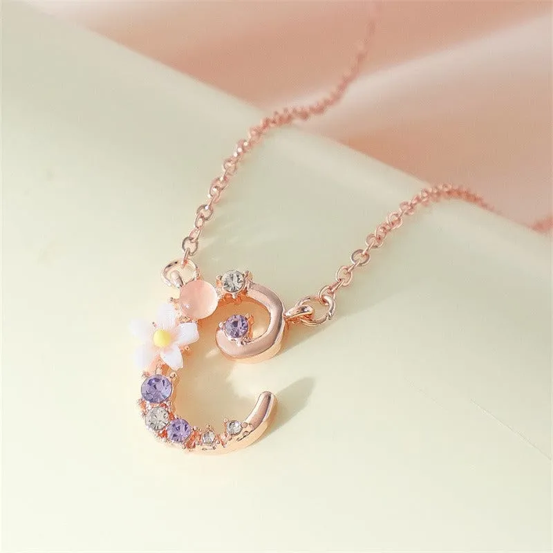 Chic Crystal Opal Inlaid Floral Alphabet Monogram Letter Necklace