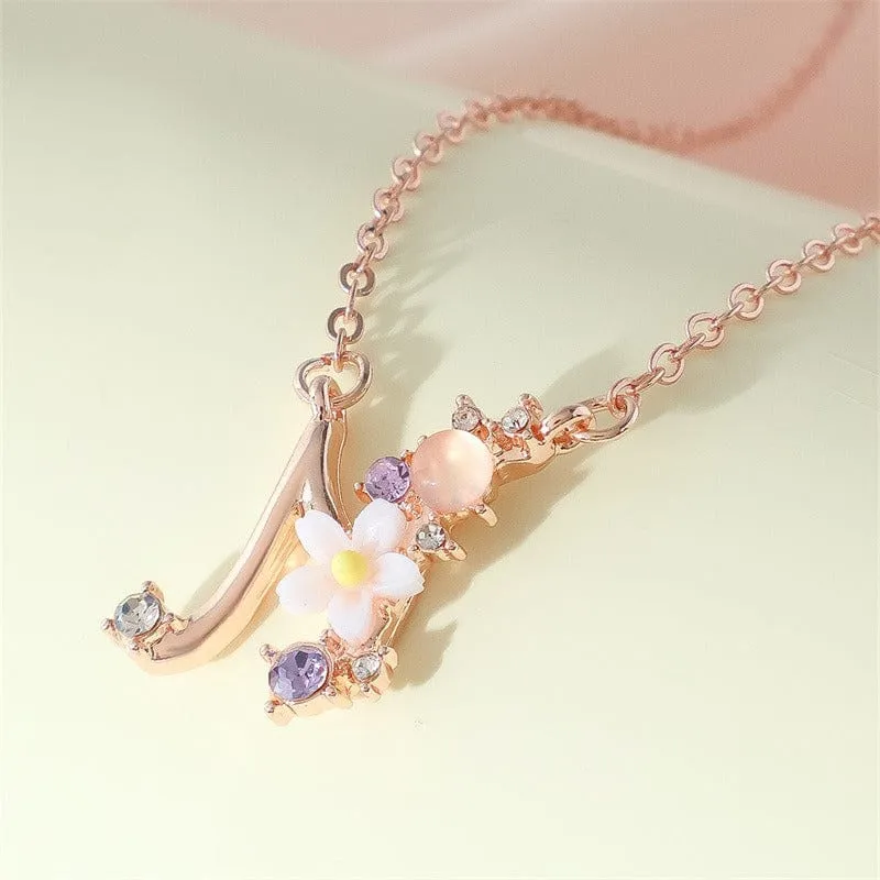 Chic Crystal Opal Inlaid Floral Alphabet Monogram Letter Necklace
