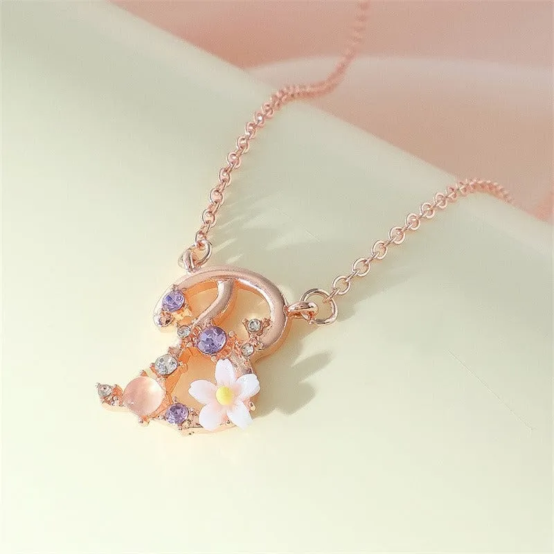 Chic Crystal Opal Inlaid Floral Alphabet Monogram Letter Necklace