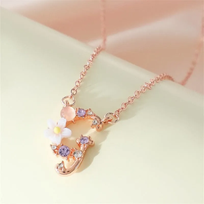 Chic Crystal Opal Inlaid Floral Alphabet Monogram Letter Necklace