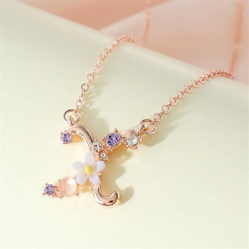 Chic Crystal Opal Inlaid Floral Alphabet Monogram Letter Necklace